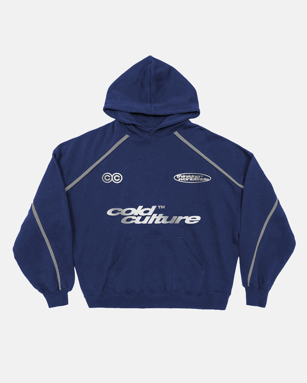 DETAILED HOODIE INDIGO BLUE - navy hoodie with contrast piping, front view - Cold Culture #packshot