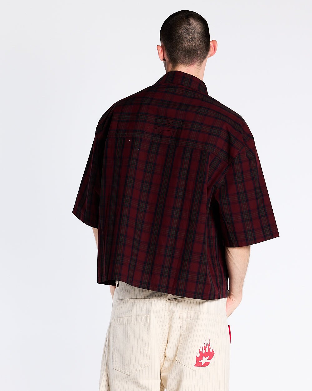 DETROIT SHIRT RED & BLACK - red and black plaid shirt, back view on male model - Cold Culture #man