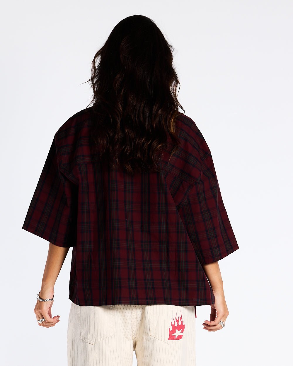DETROIT SHIRT RED & BLACK - red and black plaid shirt, back view on female model - Cold Culture #woman