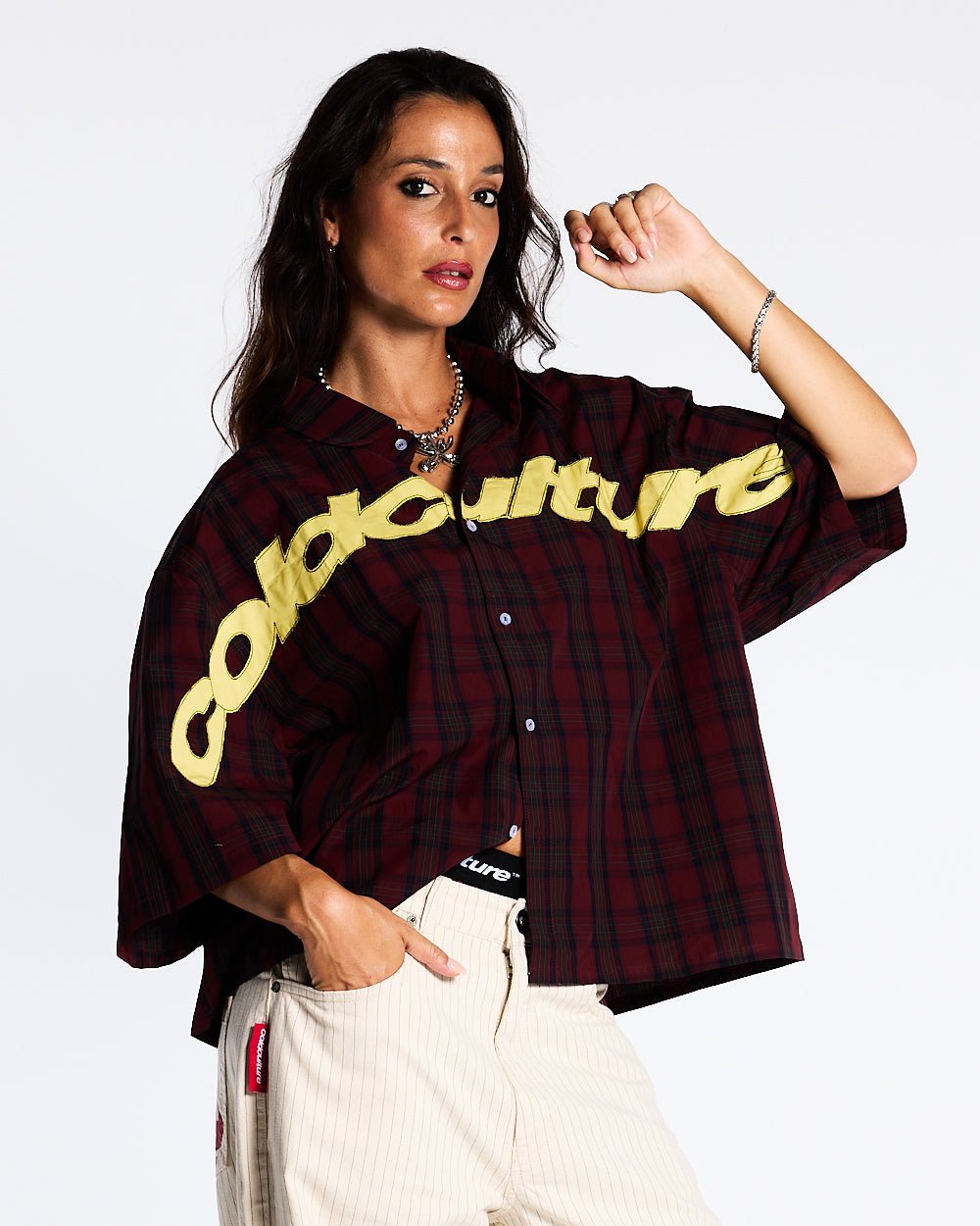 DETROIT SHIRT RED & BLACK - red and black plaid shirt, front view on female model - Cold Culture #woman