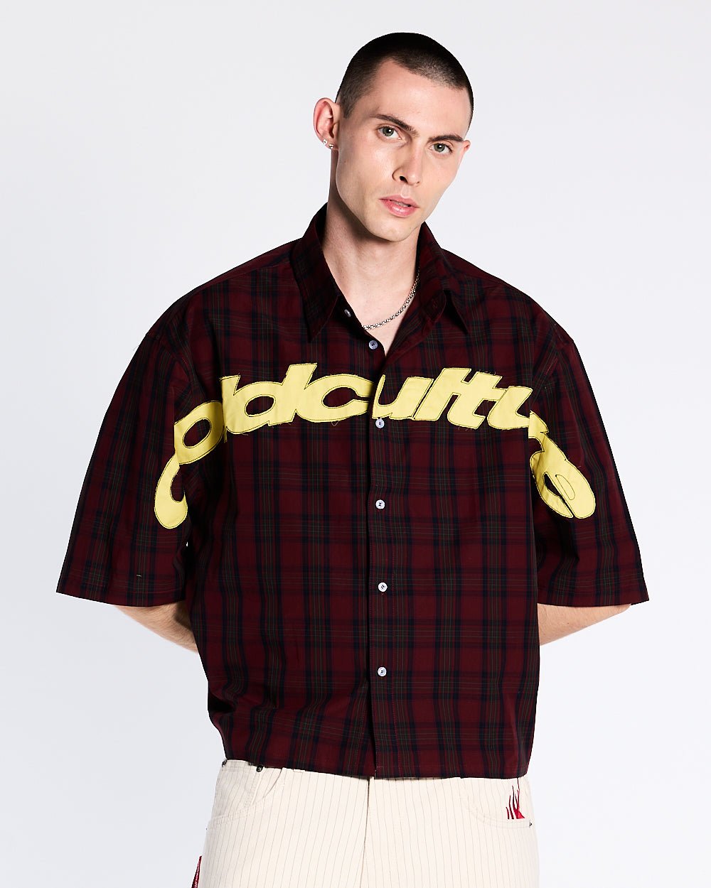DETROIT SHIRT RED & BLACK - red and black plaid shirt, front view on male model - Cold Culture #man