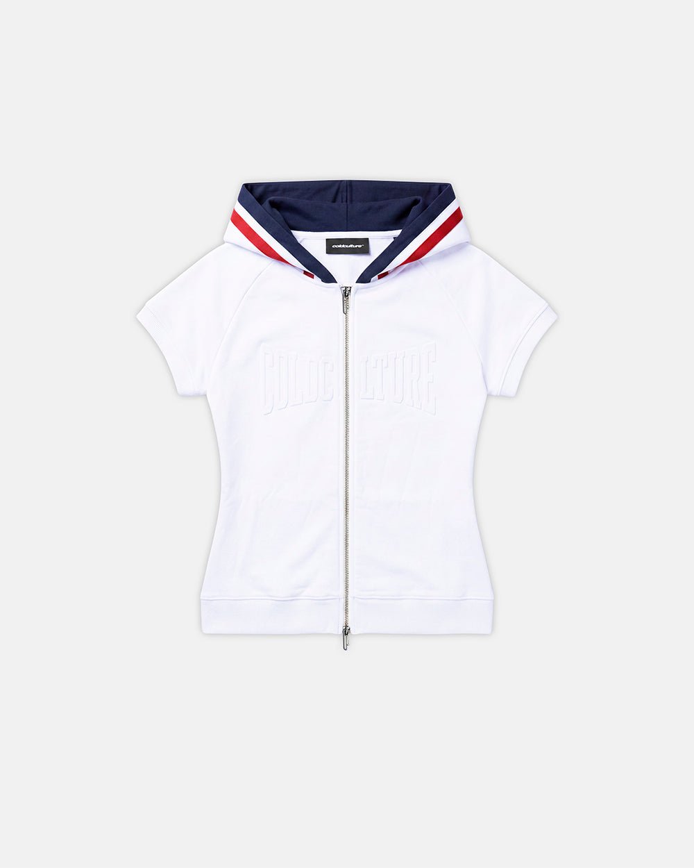 DIANA BABY ZIP TEE WHITE - white hooded zip baby tee, front view - Cold Culture #packshot