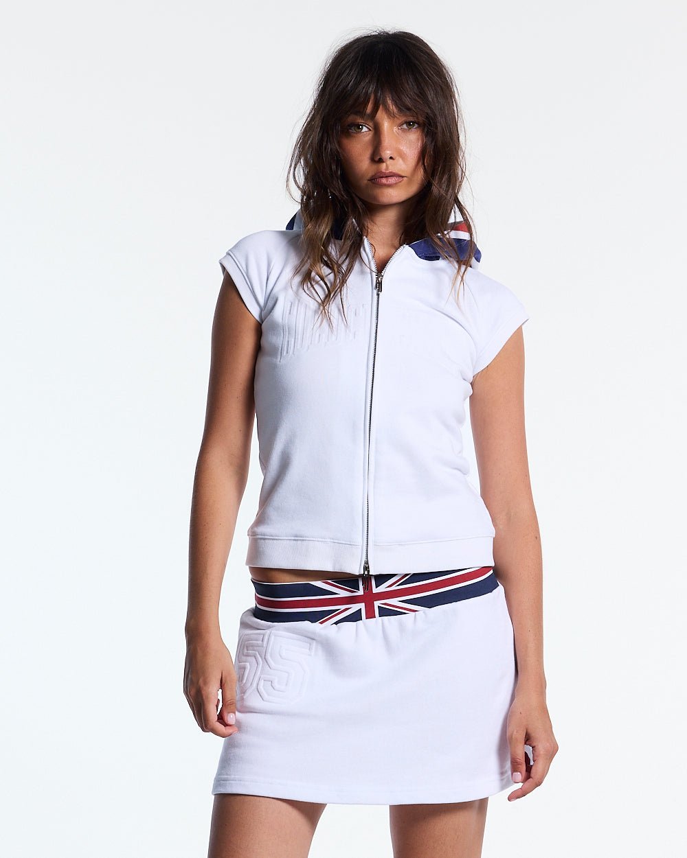 DIANA BABY ZIP TEE WHITE - white hooded zip baby tee, front view on female model - Cold Culture #woman