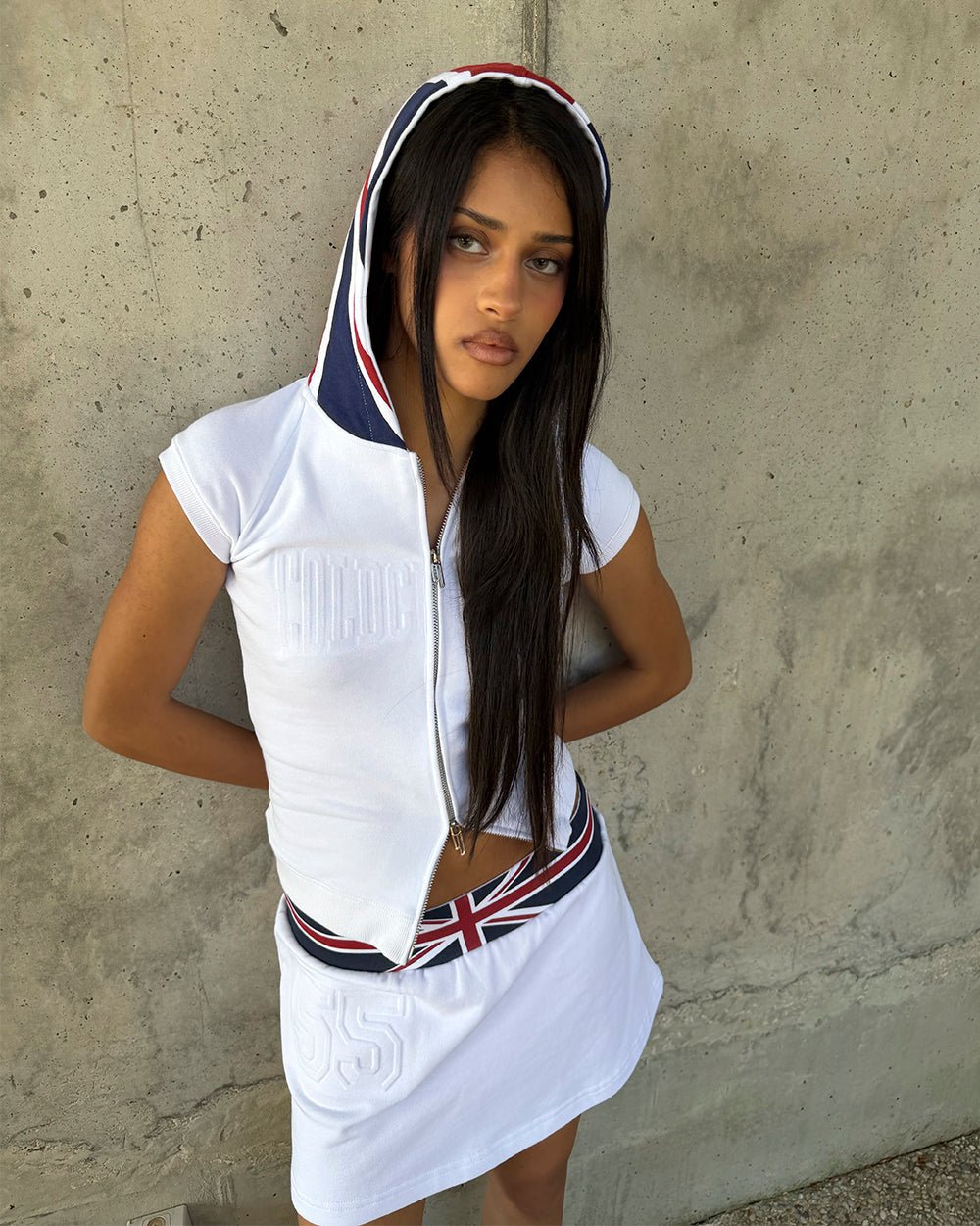 DIANA BABY ZIP TEE WHITE - white hooded zip baby tee, street style shot - Cold Culture #woman