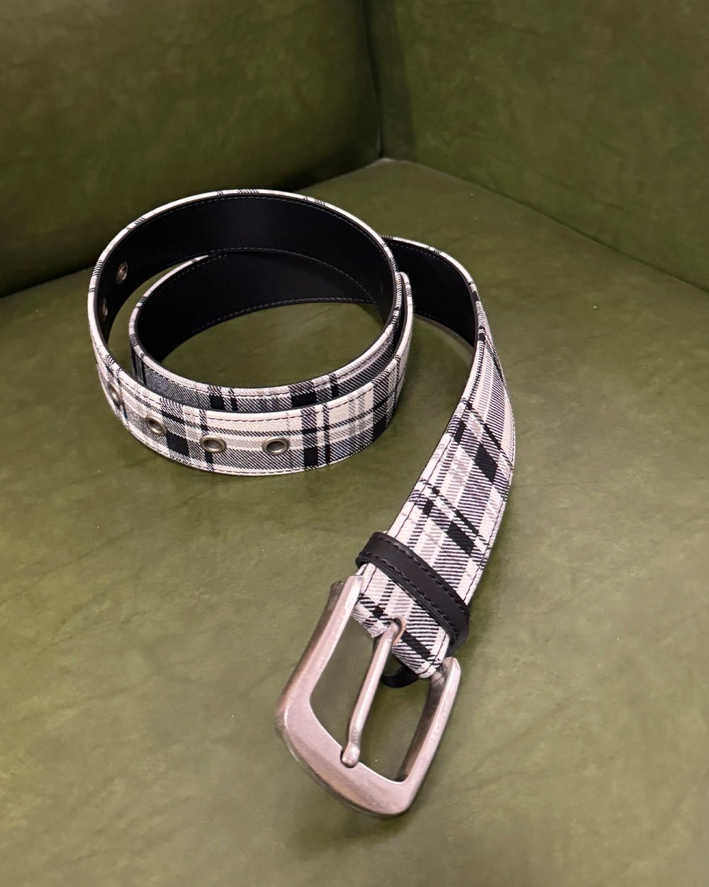 DINING CHECK BELT BLACK TARTAN - black and white tartan belt, flat lay - Cold Culture