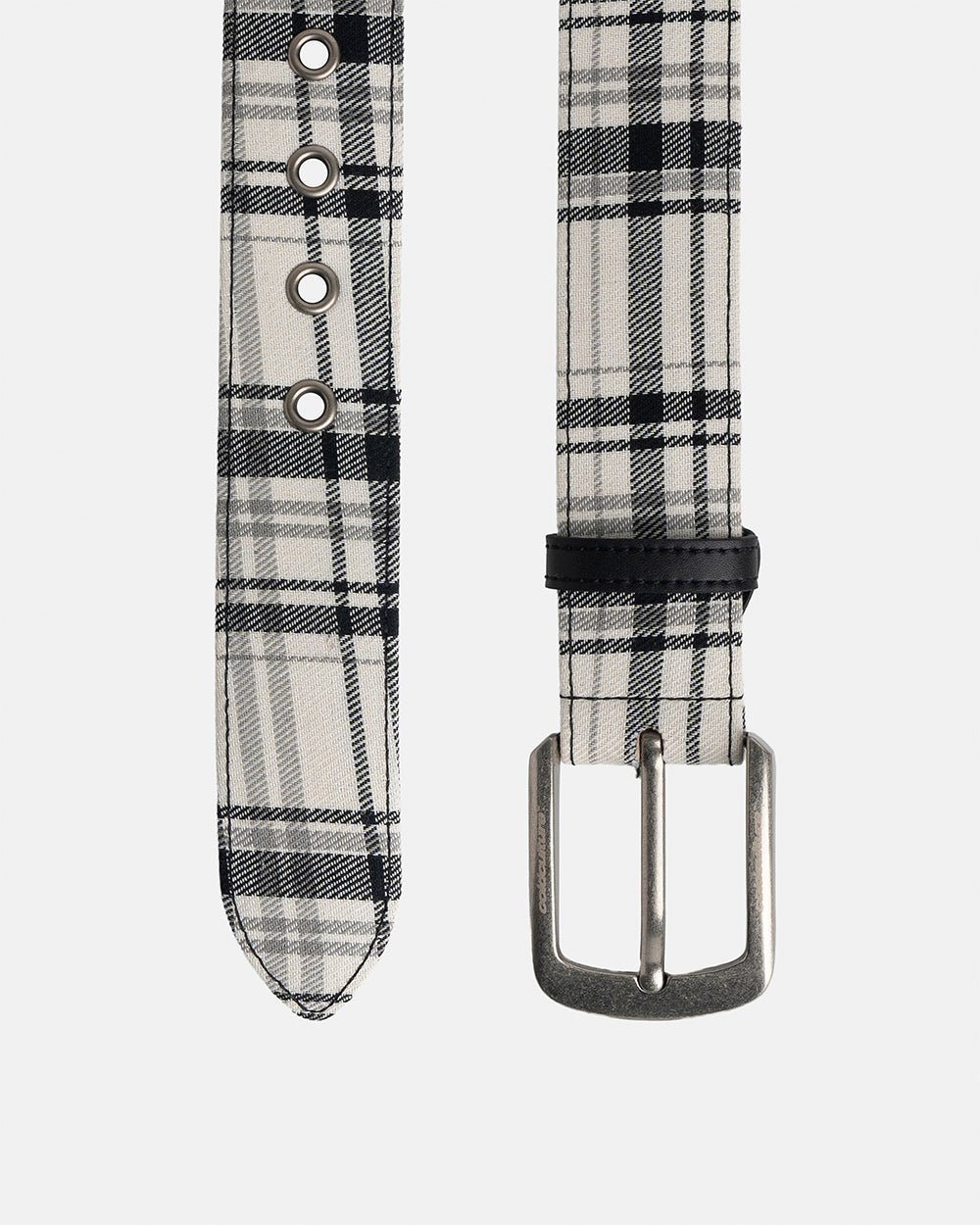DINING CHECK BELT BLACK TARTAN - black and white tartan belt, flat lay - Cold Culture #packshot