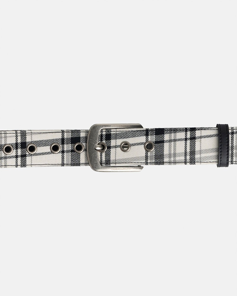 DINING CHECK BELT BLACK TARTAN - black and white tartan belt, detail close-up - Cold Culture