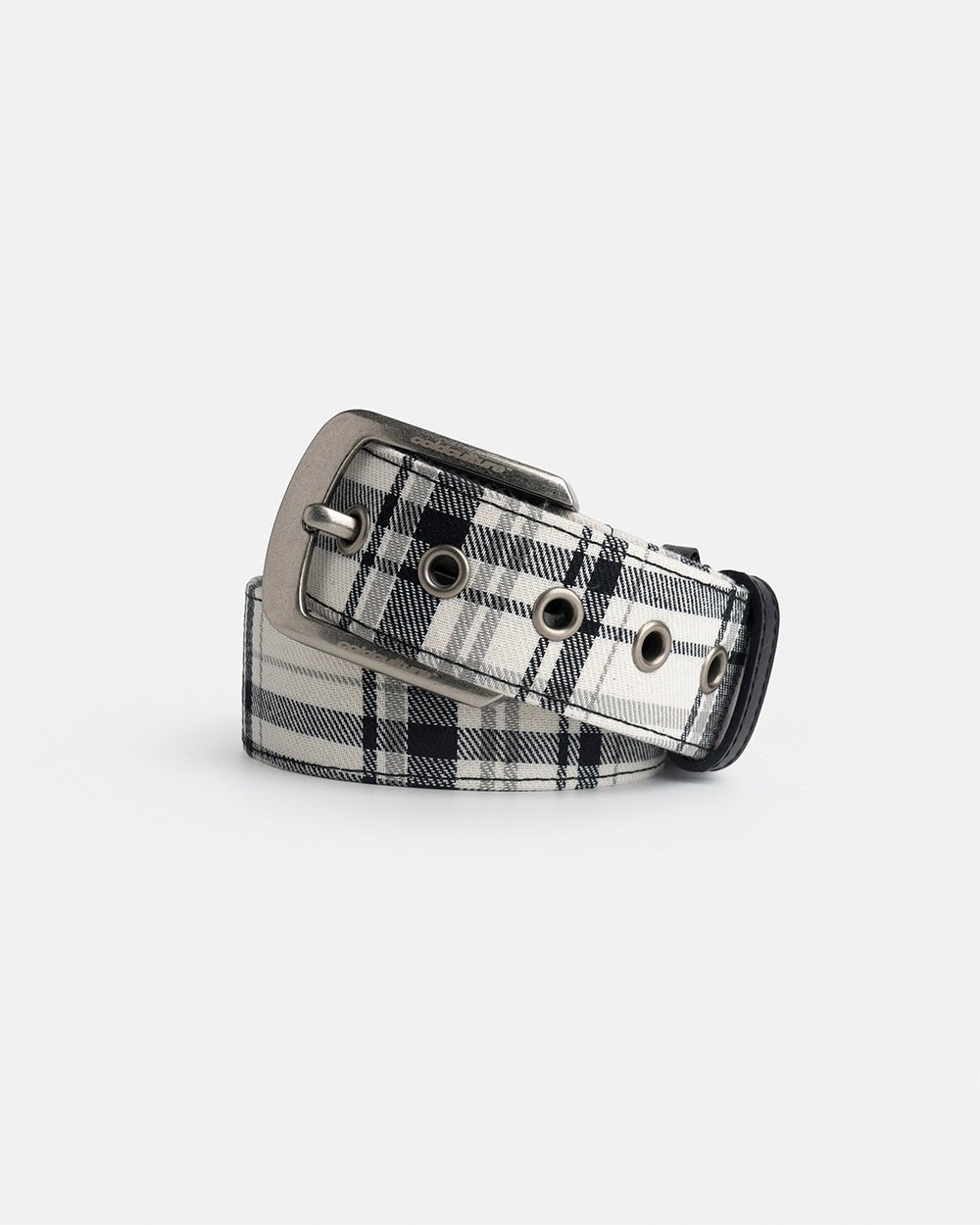 DINING CHECK BELT BLACK TARTAN - black and white tartan belt, flat lay - Cold Culture #packshot