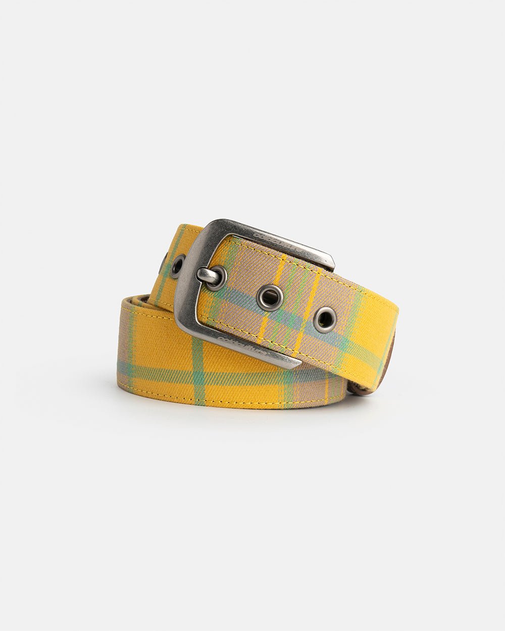 DINING CHECK BELT YELLOW TARTAN - yellow tartan belt, flat lay - Cold Culture #packshot