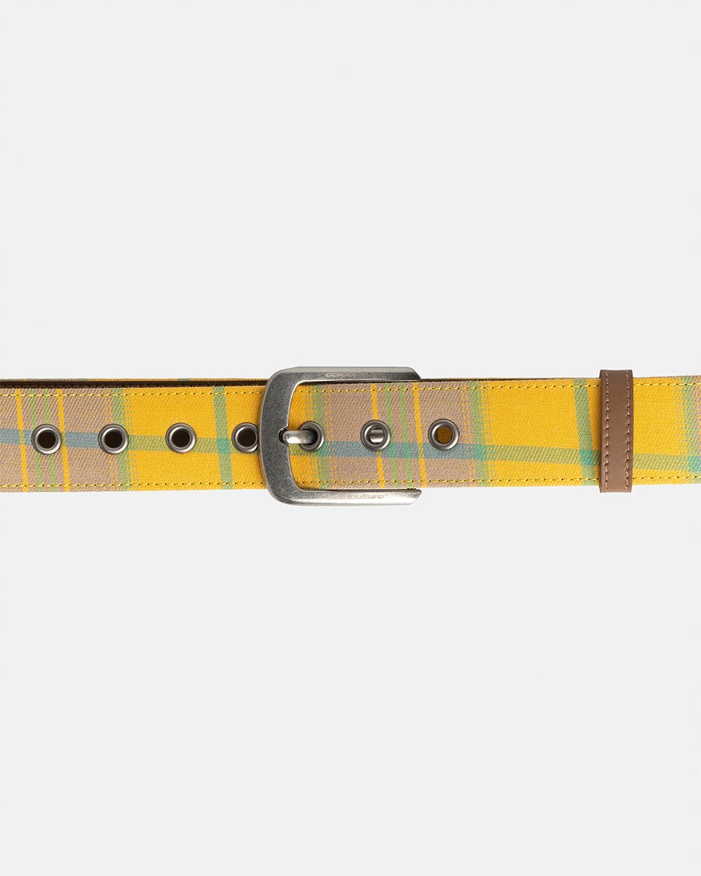 DINING CHECK BELT YELLOW TARTAN - yellow tartan belt, detail close-up - Cold Culture