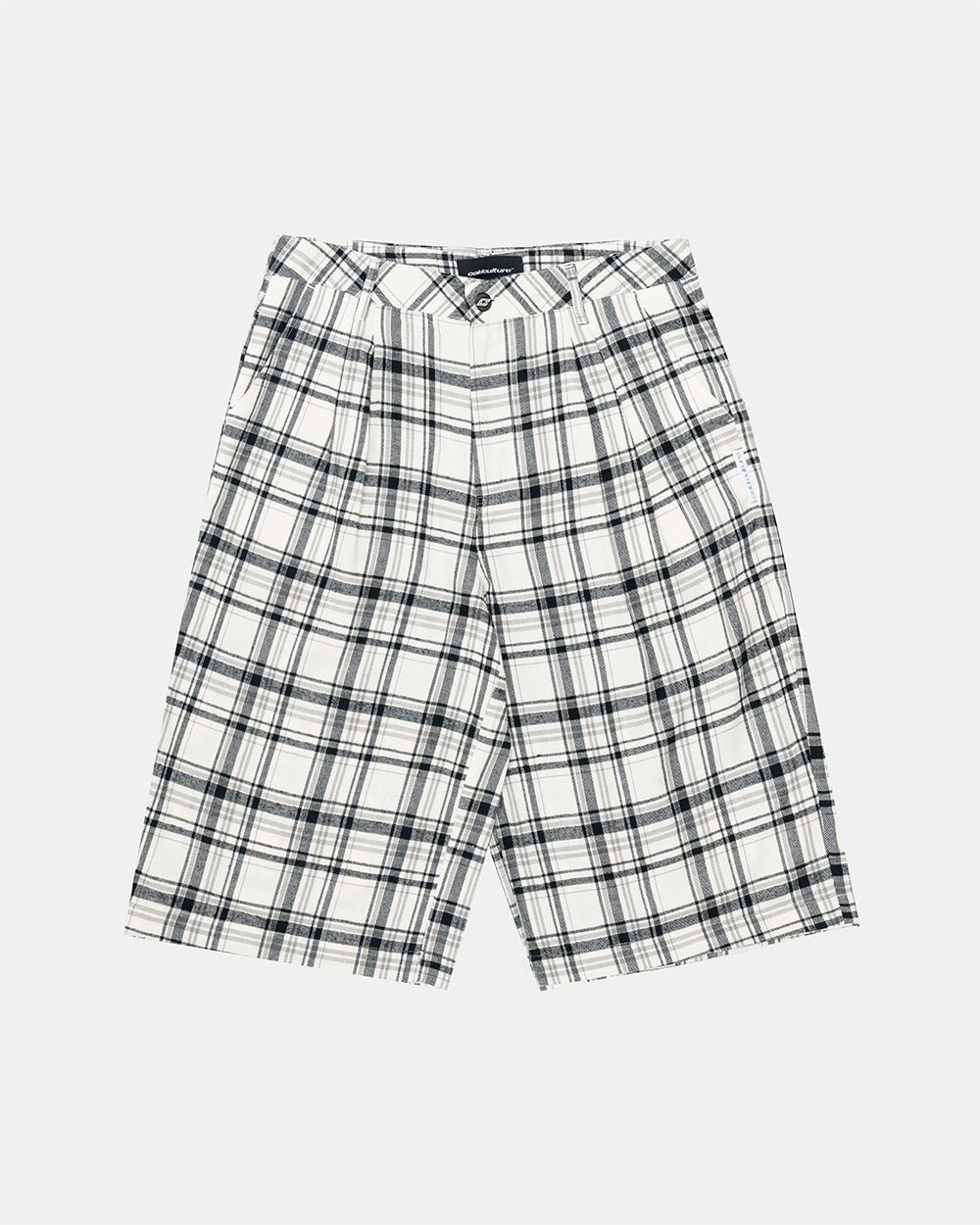 DINING CHECK JORTS BLACK - black and white checkered shorts, flat lay - Cold Culture #packshot