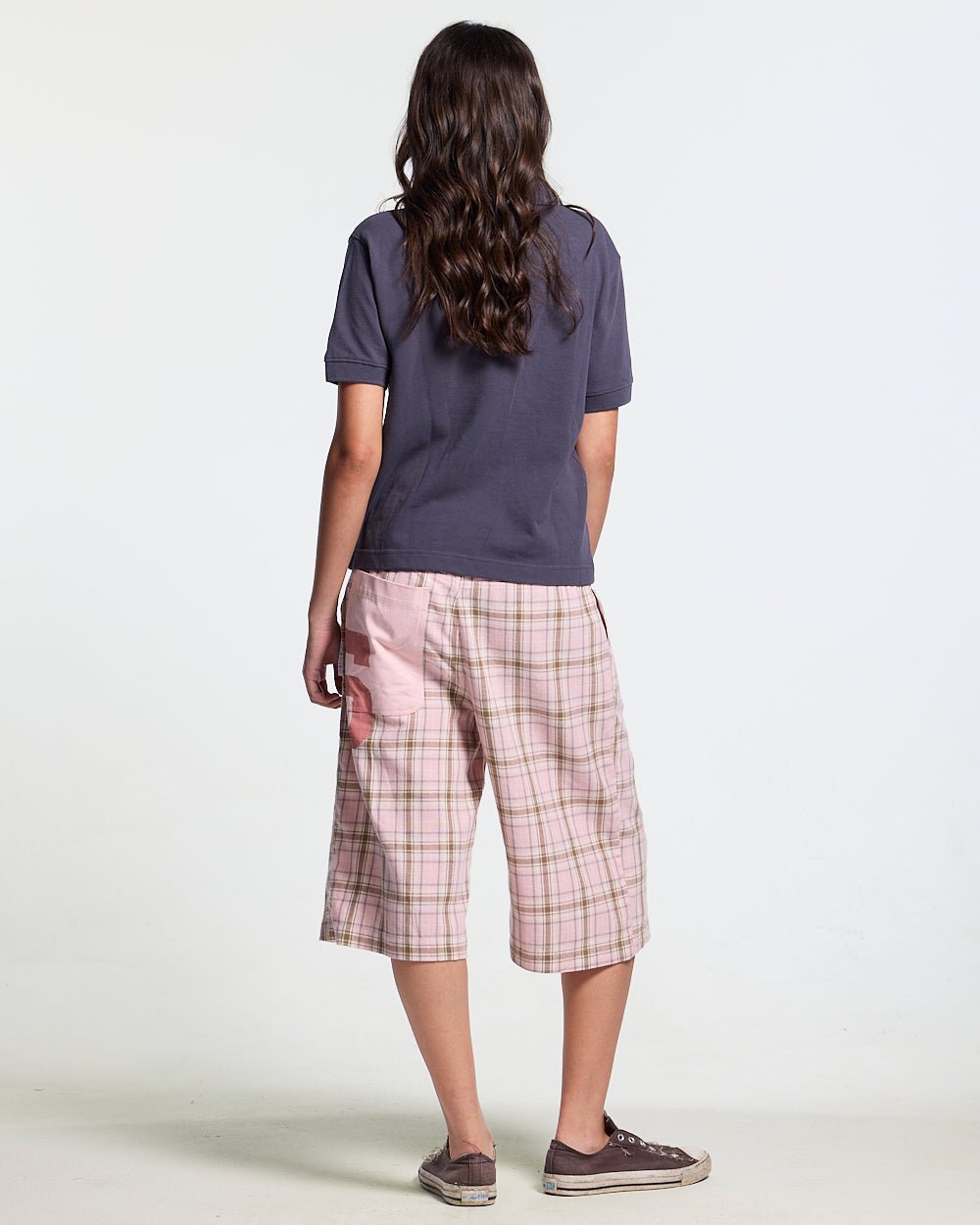 DINING CHECK JORTS PINK - pink checkered shorts, back view on female model - Cold Culture #woman