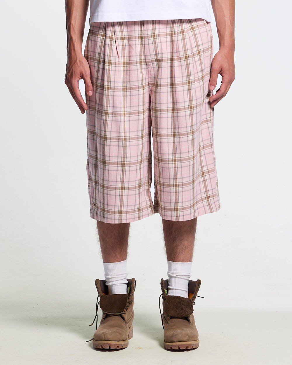 DINING CHECK JORTS PINK - pink checkered shorts, front view on male model - Cold Culture