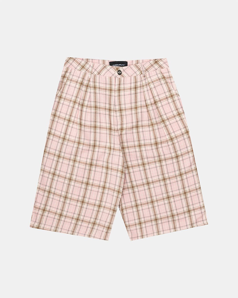 DINING CHECK JORTS PINK - pink checkered shorts, flat lay - Cold Culture #packshot