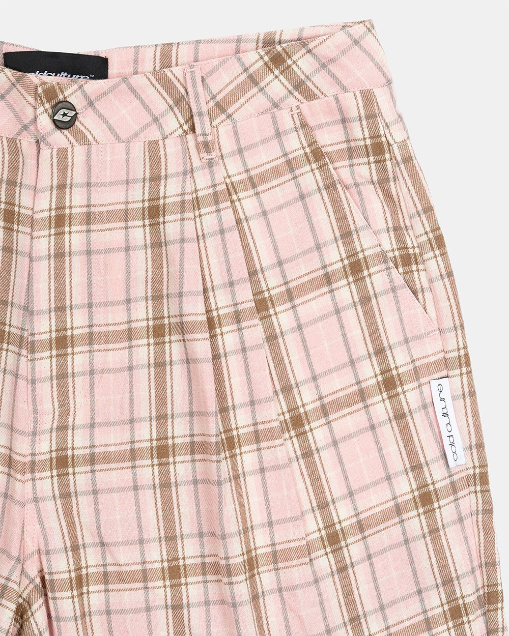 DINING CHECK JORTS PINK - pink checkered shorts, detail close-up - Cold Culture