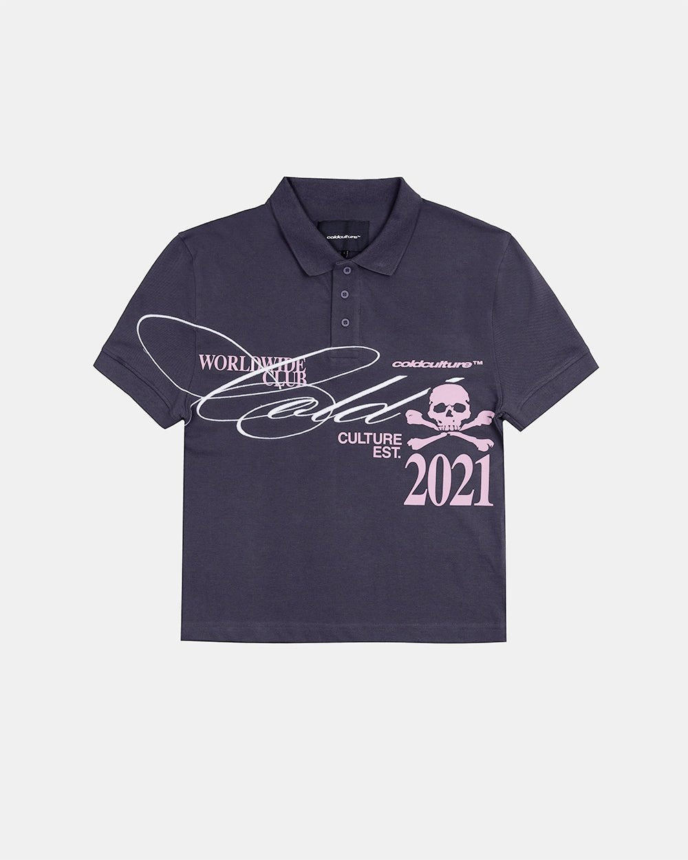 DIRTY SKULL POLO DARK GREY - dark grey graphic polo shirt, front view - Cold Culture #packshot