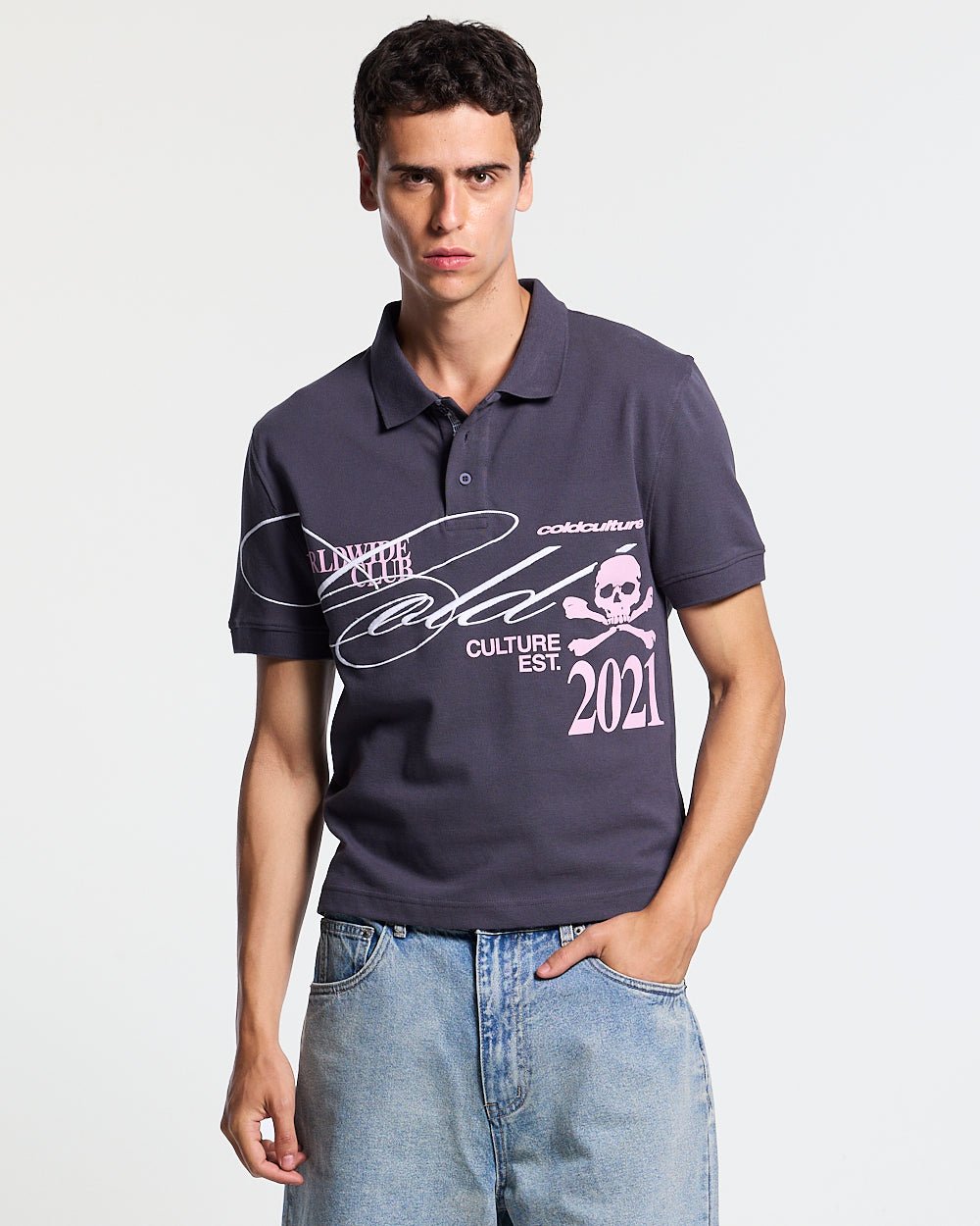 DIRTY SKULL POLO DARK GREY - dark grey graphic polo shirt, front view on male model - Cold Culture #man