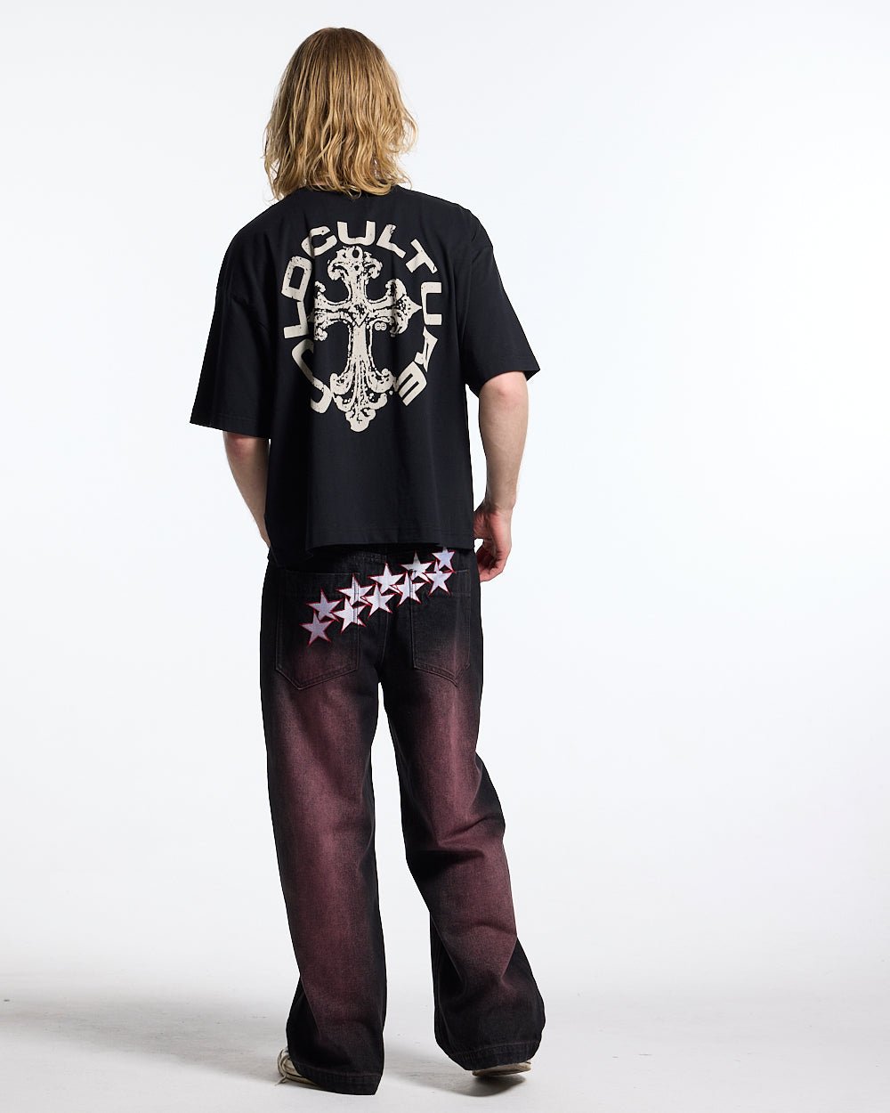 DISCHARGE TEE BLACK - black oversized graphic tee, back view on male model - Cold Culture #man