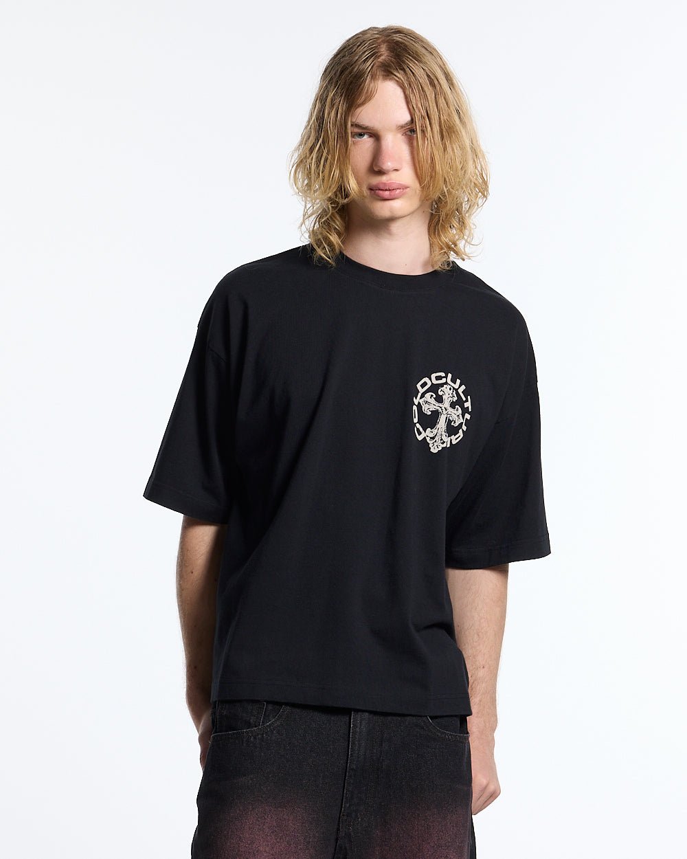 DISCHARGE TEE BLACK - black oversized graphic tee, front view on male model - Cold Culture #man