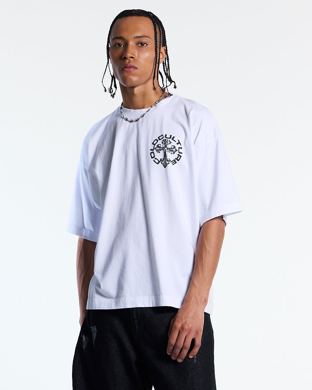 DISCHARGE TEE WHITE - white oversized graphic tee, front view on male model - Cold Culture #man
