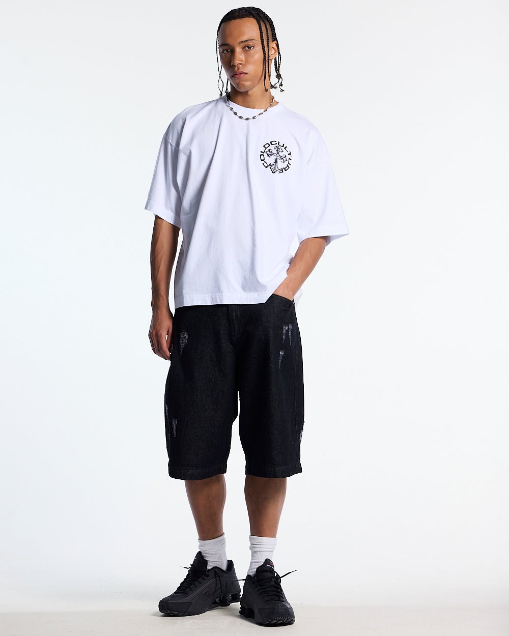 DISCHARGE TEE WHITE - white oversized graphic tee, front view on male model - Cold Culture #man