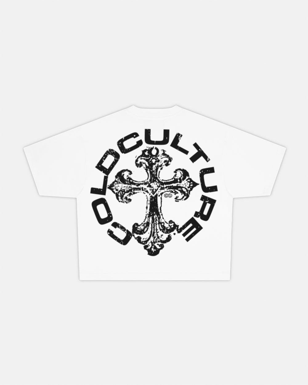 DISCHARGE TEE WHITE - white oversized graphic tee, back view - Cold Culture #packshot