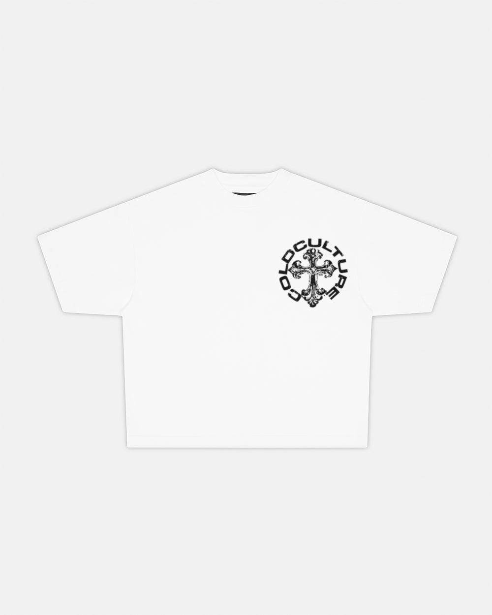 DISCHARGE TEE WHITE - white oversized graphic tee, front view - Cold Culture #packshot