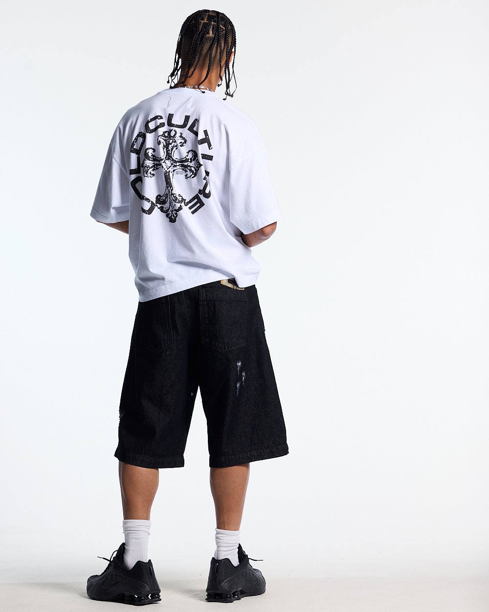 DISCHARGE TEE WHITE - white oversized graphic tee, back view on male model - Cold Culture #man