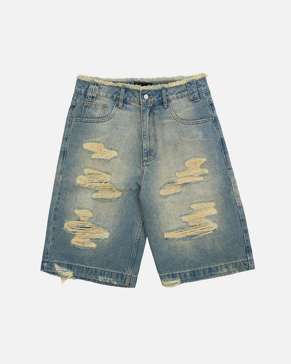 DISRUPT SHORTS LIGHT BLUE - light blue distressed denim shorts, front view - Cold Culture #packshot