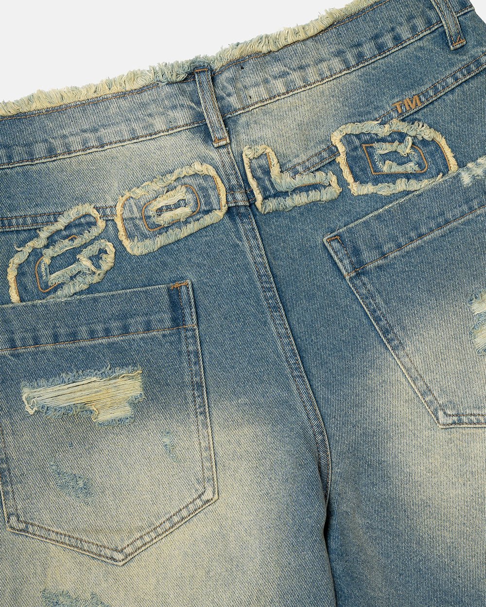 DISRUPT SHORTS LIGHT BLUE - light blue distressed denim shorts, detail close-up - Cold Culture
