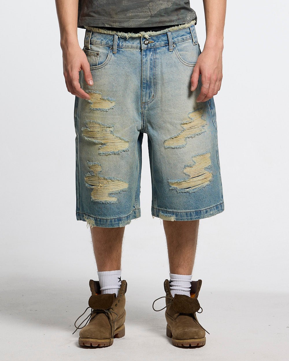DISRUPT SHORTS LIGHT BLUE - light blue distressed denim shorts, front view on male model - Cold Culture