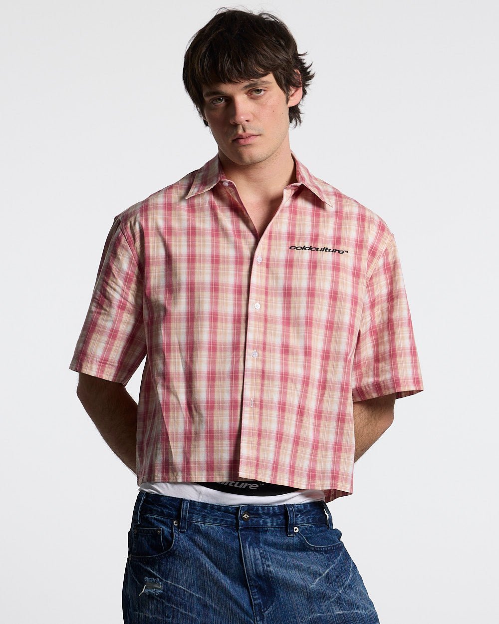 DISTORTED CHECK SHIRT - pink checked short sleeve shirt, front view on male model - Cold Culture #man