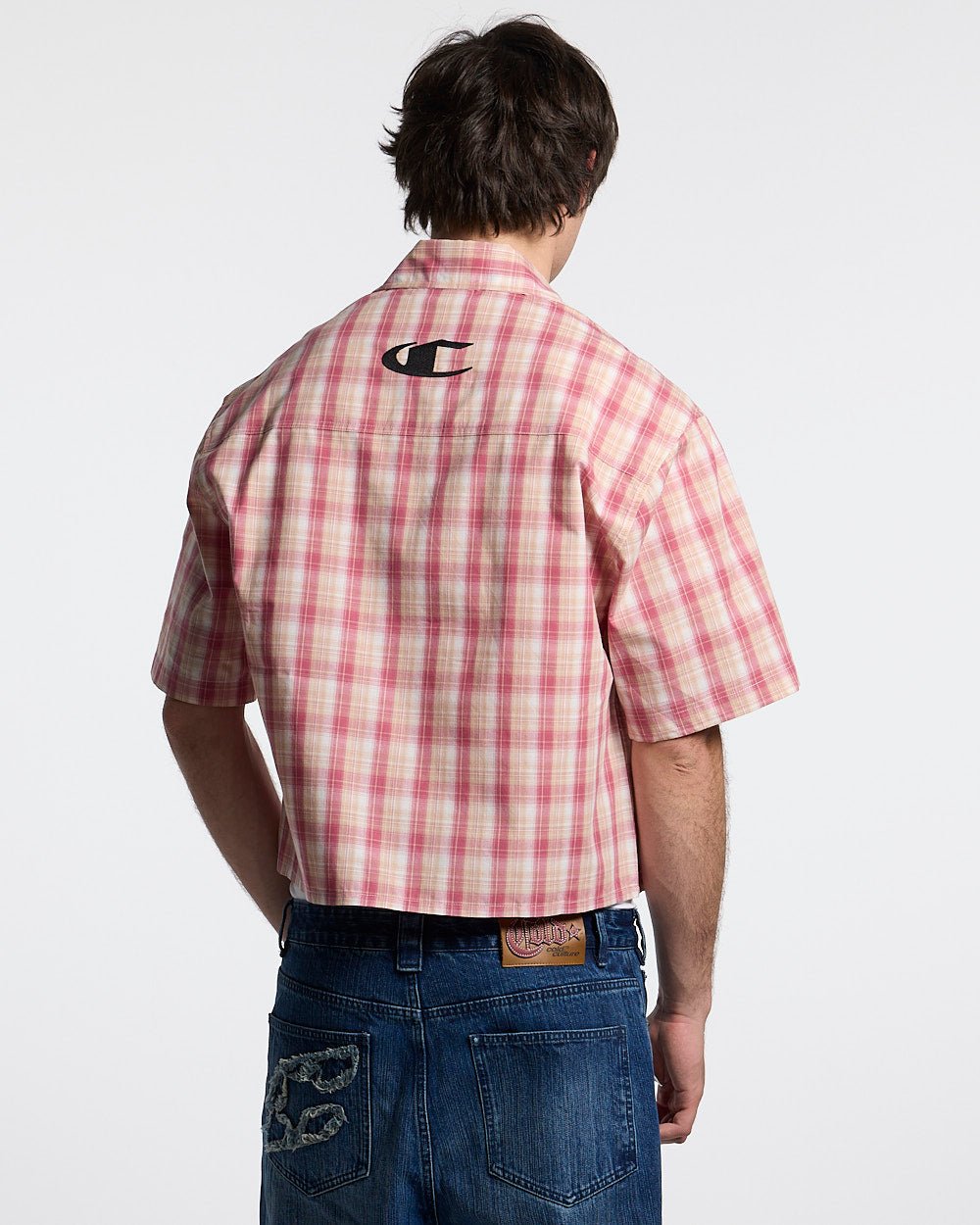 DISTORTED CHECK SHIRT - pink checked short sleeve shirt, back view on male model - Cold Culture #man