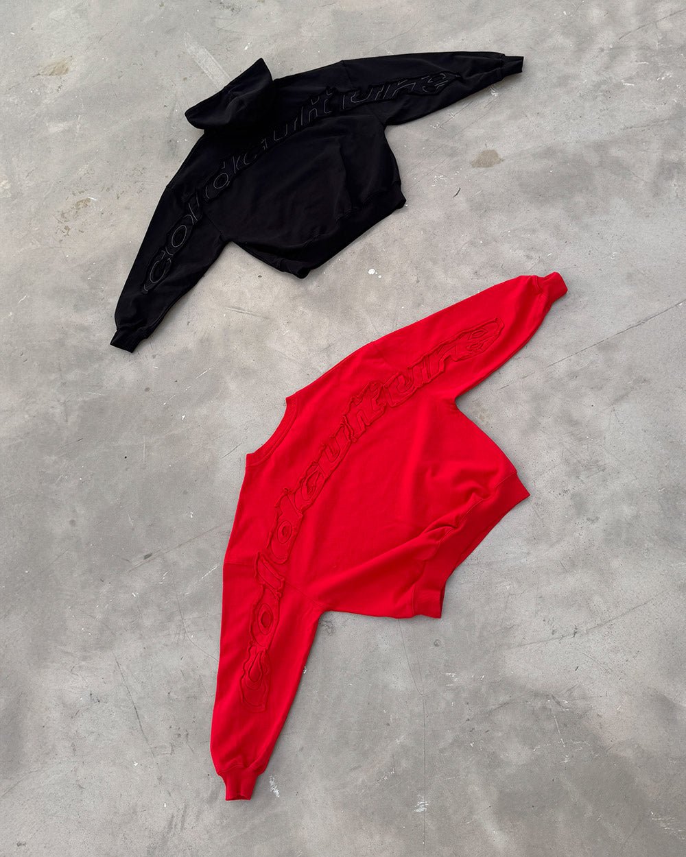 DISTRESS CURVED CREWNECK RED - red distressed crewneck sweatshirt, flat lay with matching pieces - Cold Culture