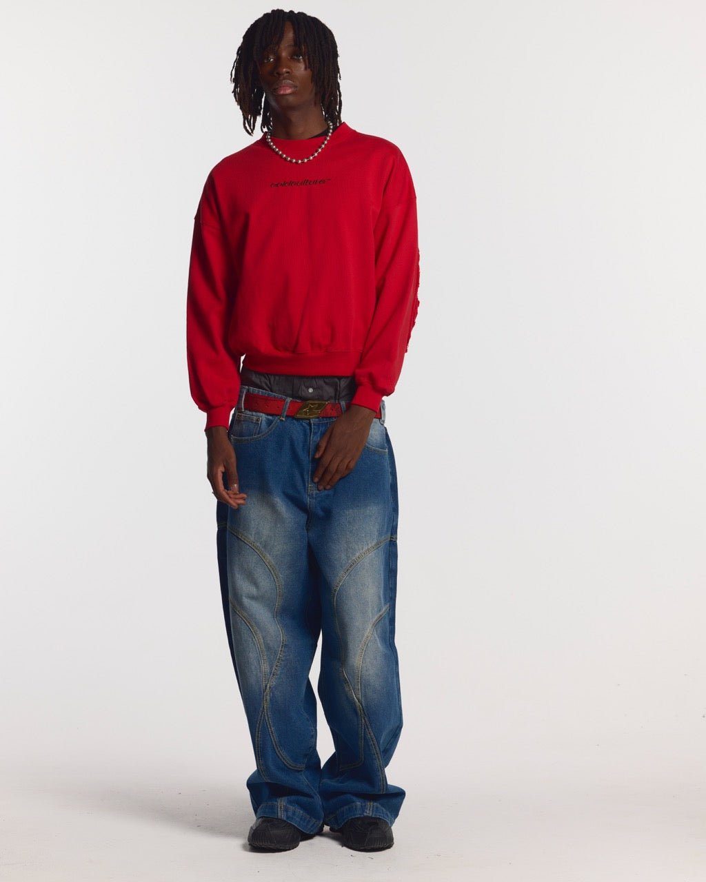 DISTRESS CURVED CREWNECK RED - red distressed crewneck sweatshirt, front view on male model - Cold Culture #man