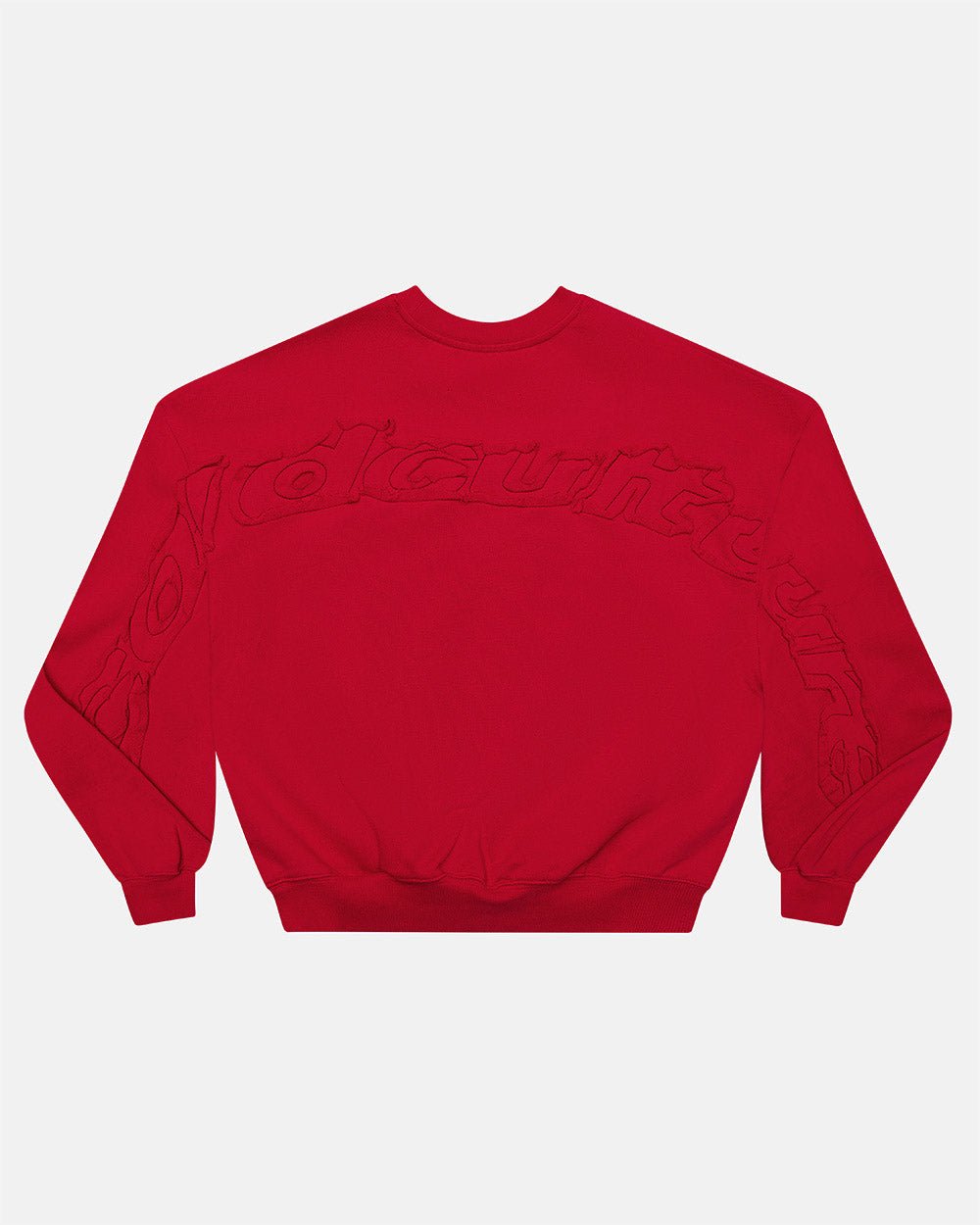 DISTRESS CURVED CREWNECK RED - red distressed crewneck sweatshirt, back view - Cold Culture #packshot