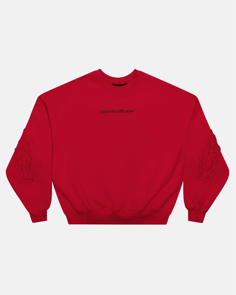 DISTRESS CURVED CREWNECK RED - red distressed crewneck sweatshirt, front view - Cold Culture #packshot