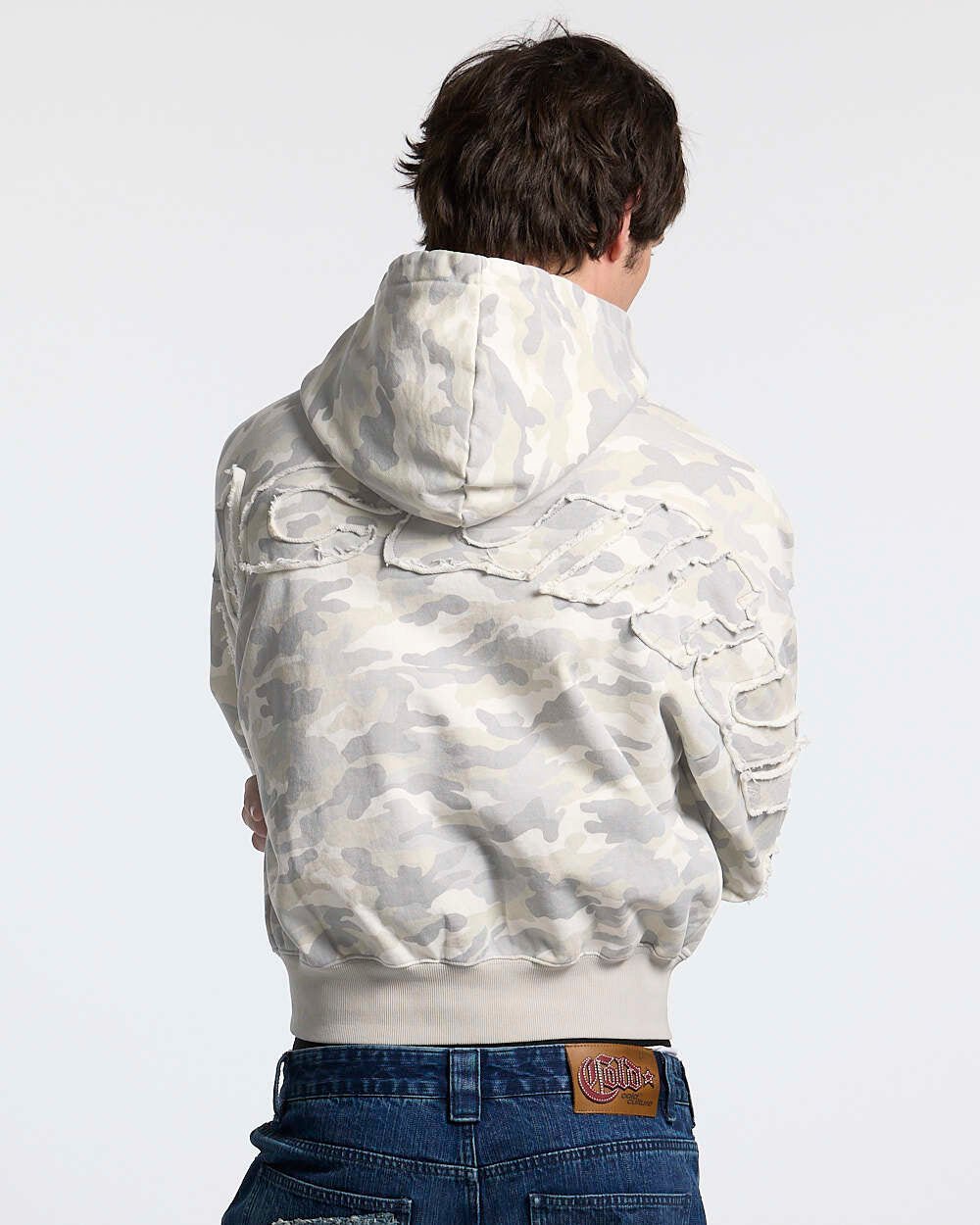 DISTRESS CURVED HOODIE CAMO GREY - grey camo hoodie, back view on male model - Cold Culture #man
