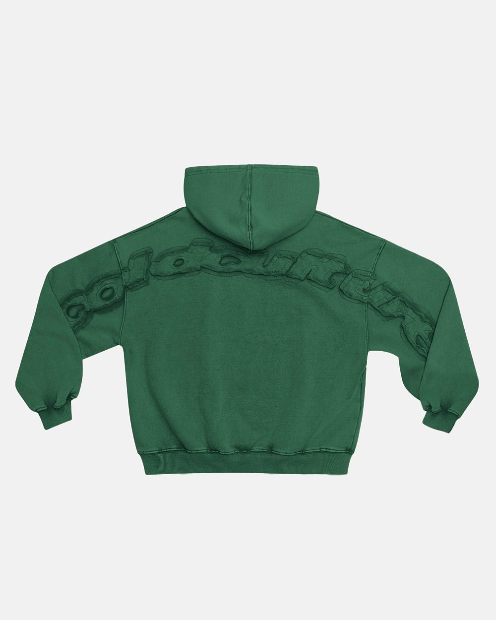 DISTRESS CURVED HOODIE GREEN - green distressed hoodie, back view - Cold Culture #packshot