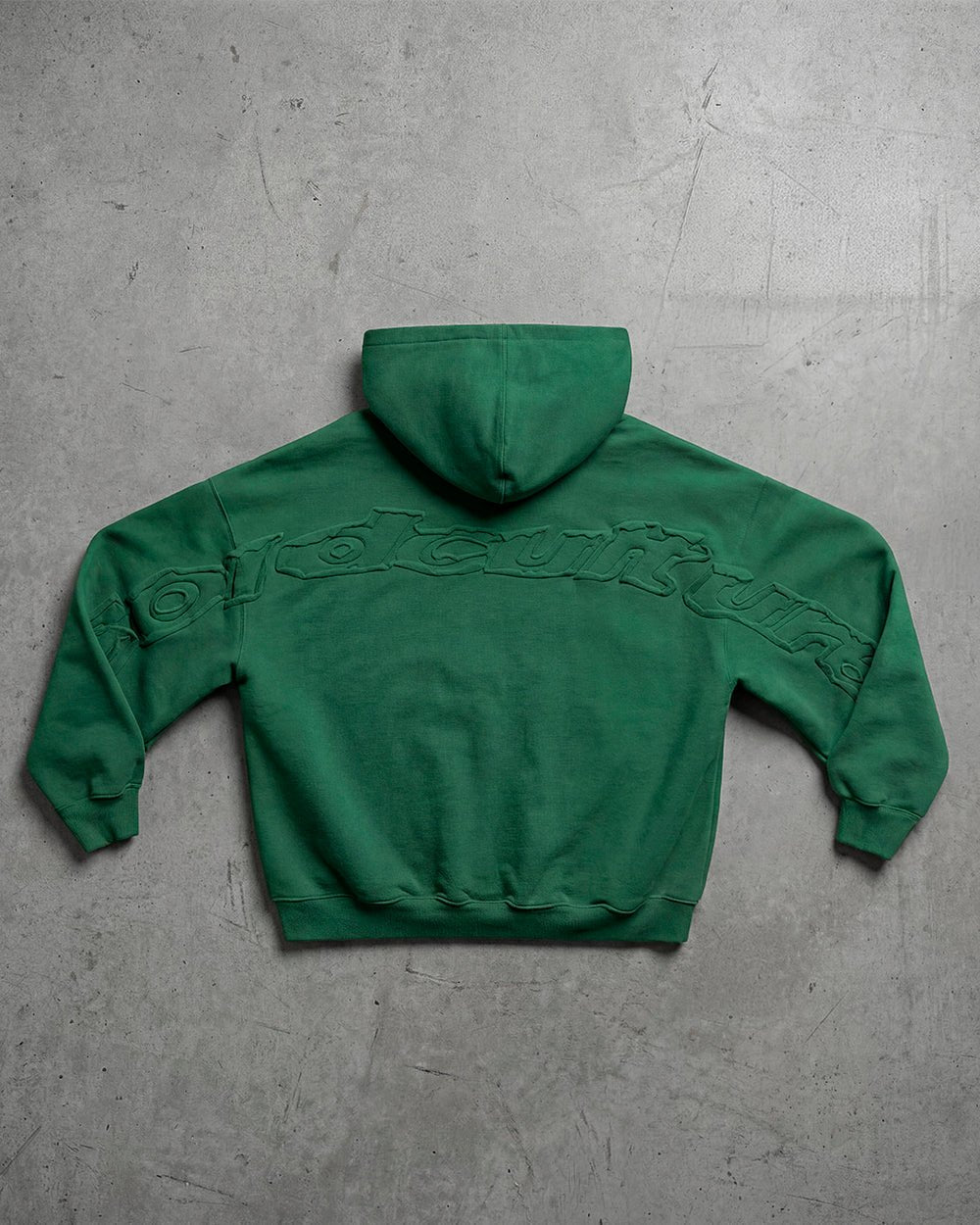 DISTRESS CURVED HOODIE GREEN - green distressed hoodie, flat lay - Cold Culture