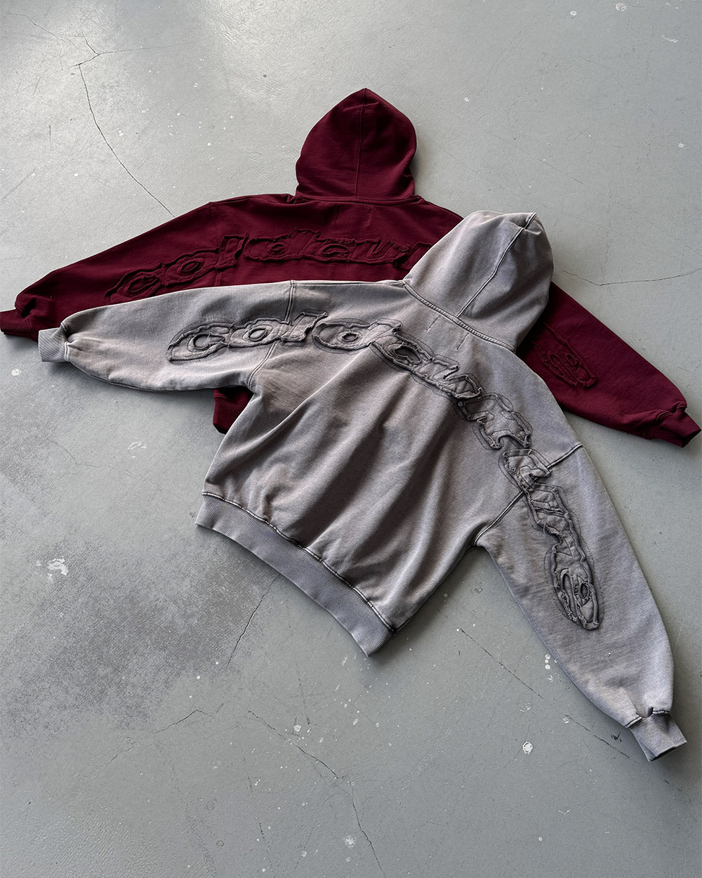 DISTRESS CURVED HOODIE WASHED GREY - washed grey distressed hoodie, flat lay with matching pieces - Cold Culture