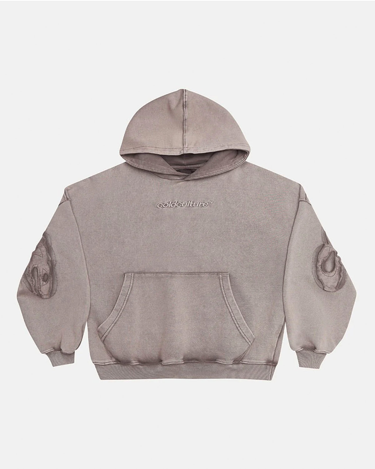 DISTRESS CURVED HOODIE WASHED GREY - washed grey distressed hoodie, front view - Cold Culture #packshot