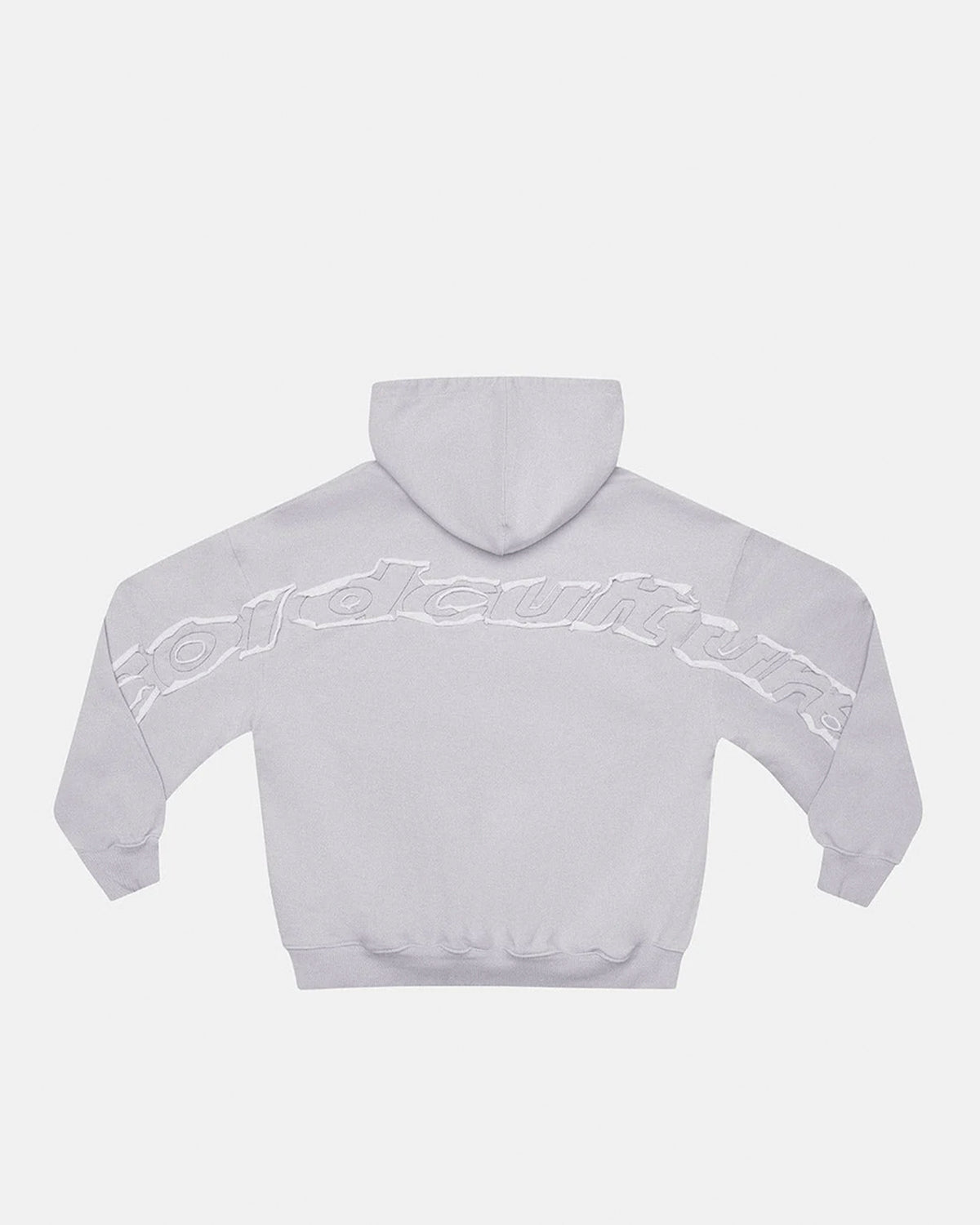 DISTRESS CURVED HOODIE LIGHT GREY - light grey distressed hoodie, back view - Cold Culture #packshot