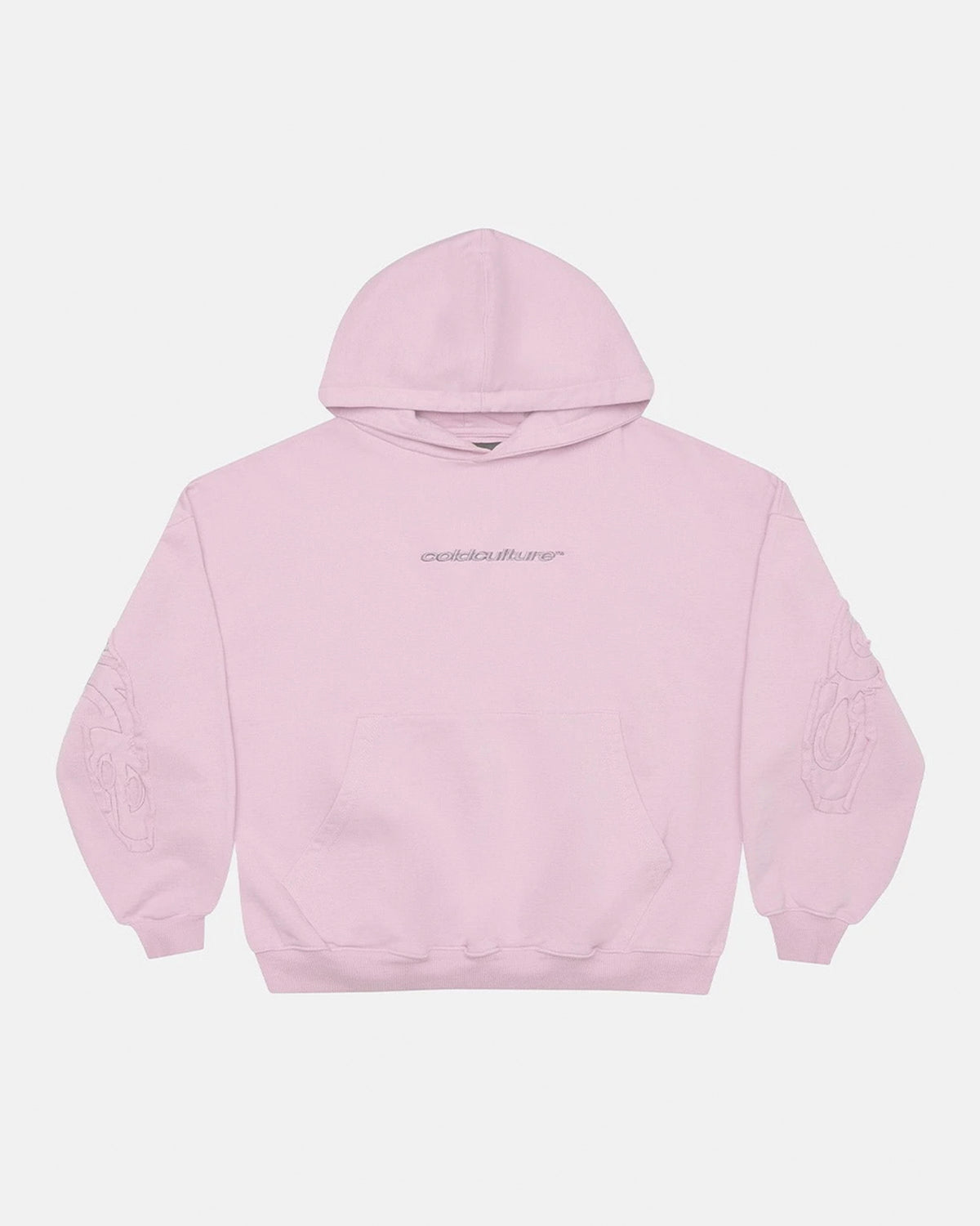 DISTRESS CURVED HOODIE PINK - pink distressed hoodie, front view - Cold Culture #packshot
