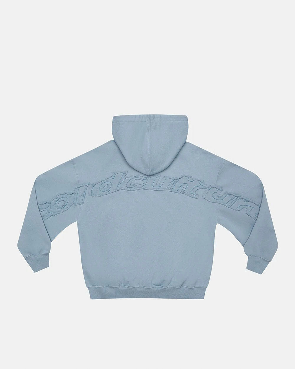 DISTRESS CURVED HOODIE SHADY BLUE - light blue distressed hoodie, back view - Cold Culture #packshot