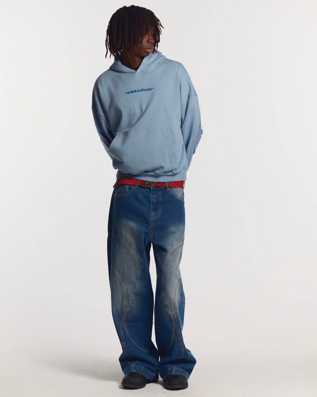 DISTRESS CURVED HOODIE SHADY BLUE - light blue distressed hoodie, front view on male model - Cold Culture #man