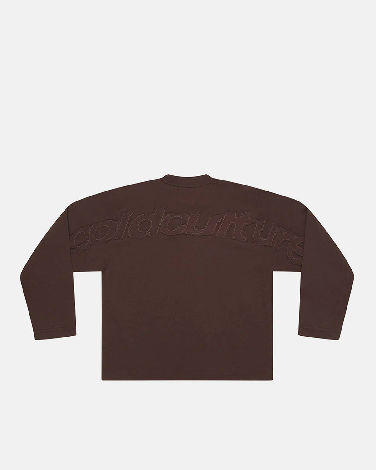 DISTRESS CURVED LONGSLEEVE BROWN - brown distressed longsleeve tee, back view - Cold Culture #packshot