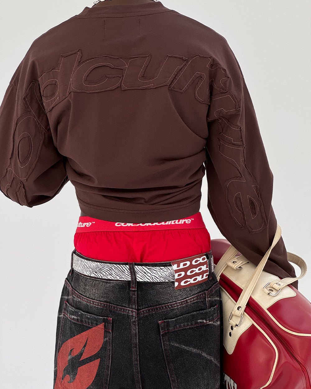 DISTRESS CURVED LONGSLEEVE BROWN - brown distressed longsleeve tee, worn detail - Cold Culture