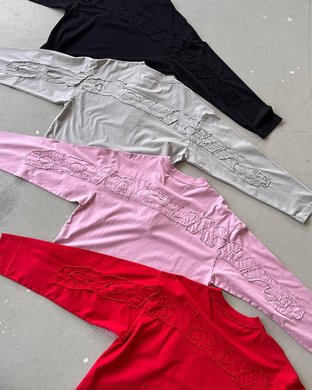 DISTRESS CURVED LONGSLEEVE PINK - pink distressed longsleeve tee, flat lay with matching pieces - Cold Culture