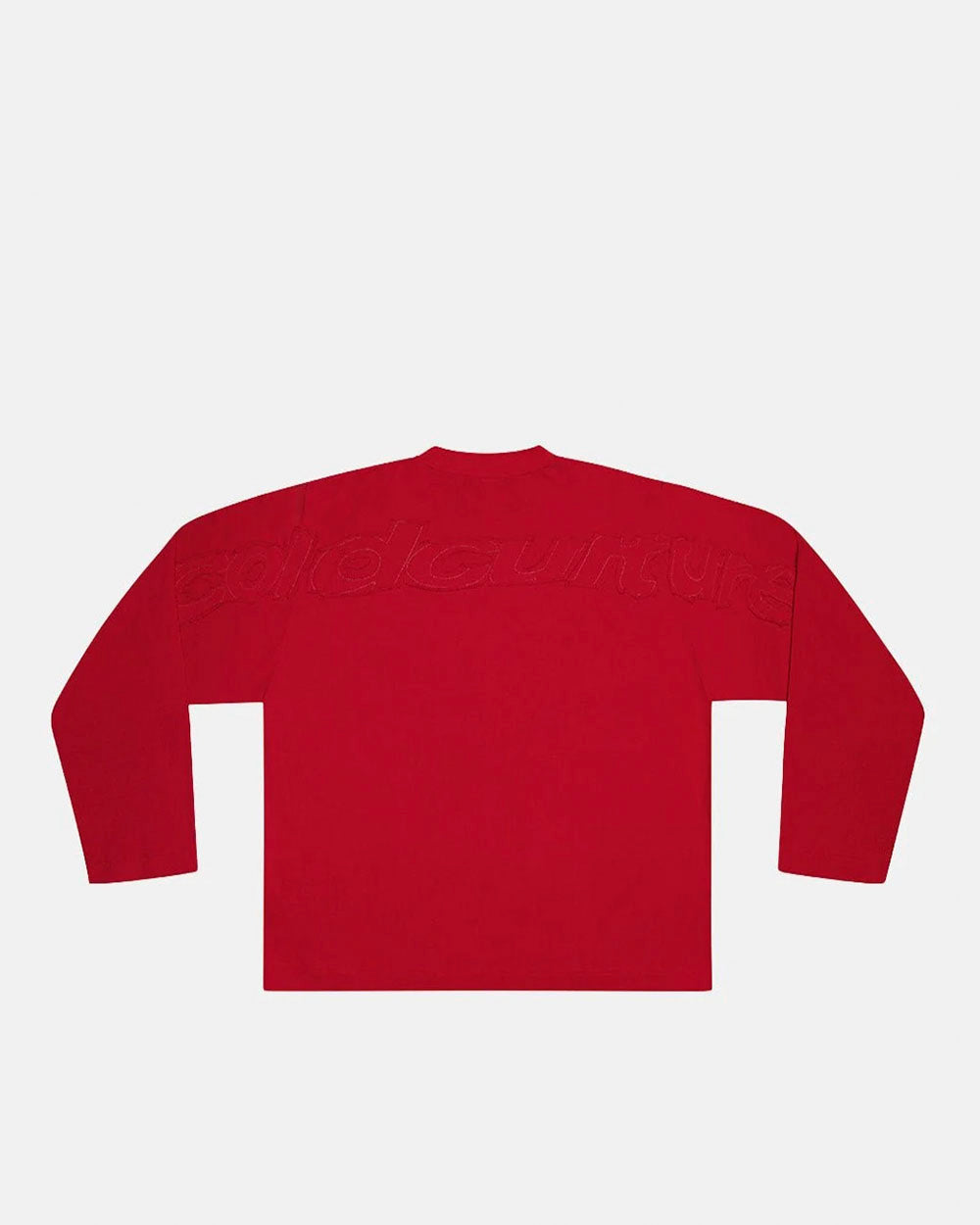 DISTRESS CURVED LONGSLEEVE RED - red distressed longsleeve tee, back view - Cold Culture #packshot